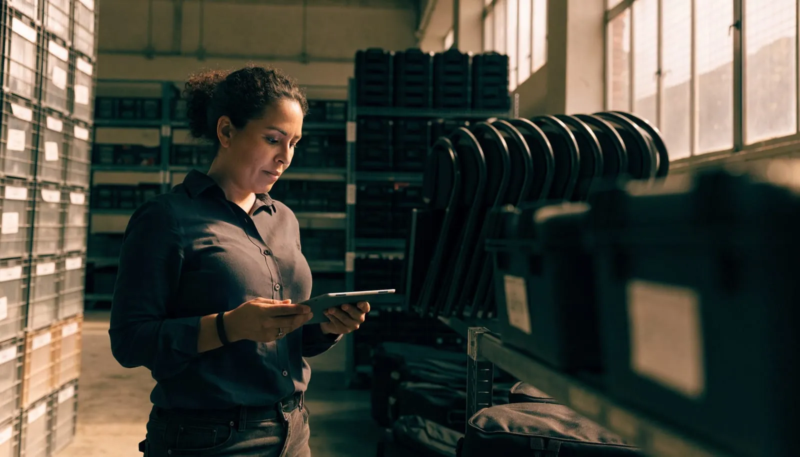 Operations manager checking stock on a tablet in a warehouse